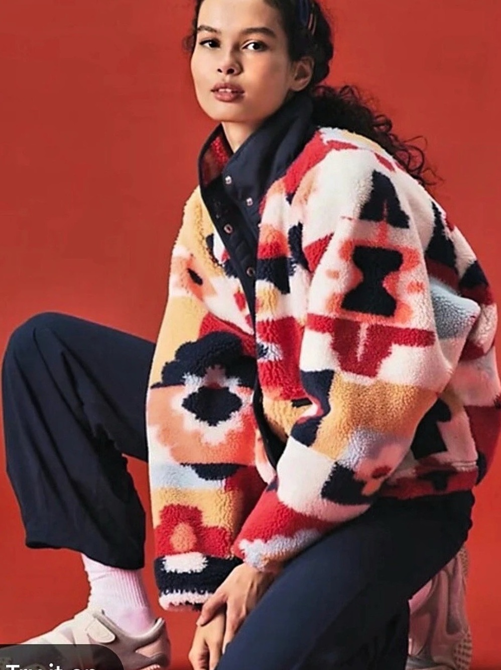 FP Movement Free People Hit The Slopes Printed Fleece Jacket L Coral Multi